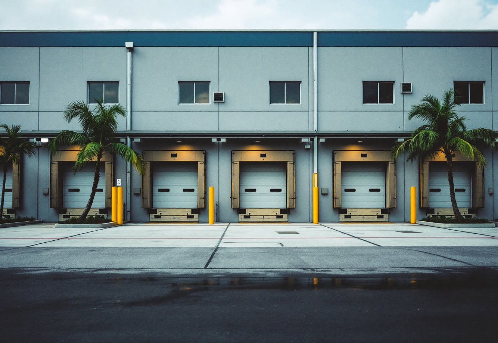 Tilt-up concrete warehouse with loading dock doors